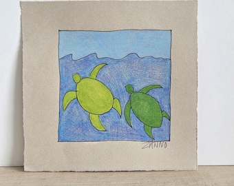 Sea turtle drawing original mini art colored pencil beach theme decor