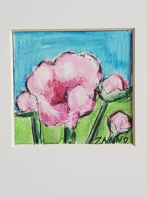 Peony Drawing floral Small Pink Art gift pastel drawing Shabby Chic Cottage
