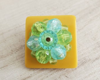 Vintage brooch Chartruese Mustard Yellow Pastel spring Colors upcycled geometric jewelry gift
