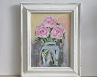 Peony painting white frame pink peonies original on canvas