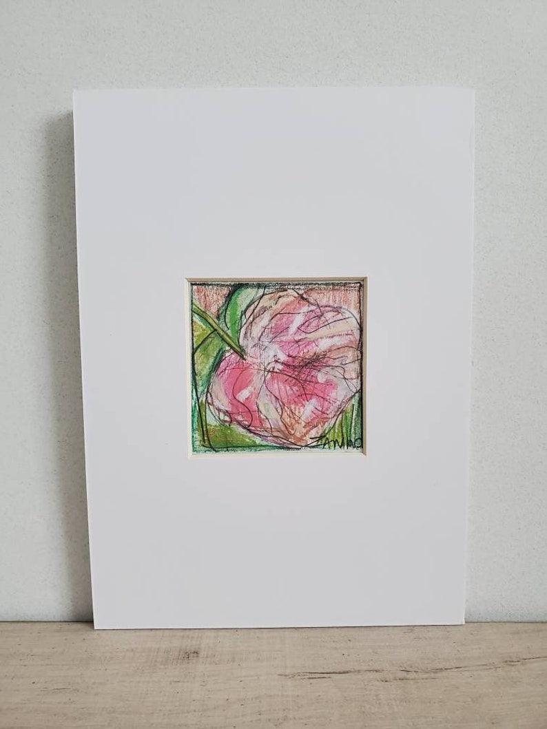 Peony Drawing floral Small Pink Art gift pastel drawing Shabby Chic Cottage