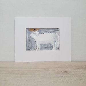 May include: An abstract painting of a white dog with a gold halo, set against a gray and white background. The artwork is presented in a white mat, creating a clean and modern aesthetic. The dog is depicted in a simple, expressive style.