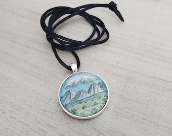 Mountain necklace watercolor charm made in Park City Utah gift by local artist.