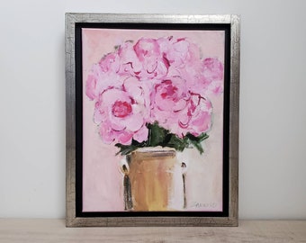 Framed Pink Peony Painting: Original Acrylic Floral Art