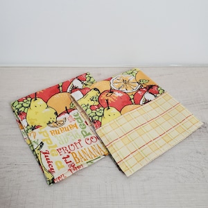 Vintage 1970s fruit fabric handmade linens Vintage Checkered 70s graphics colorful bright