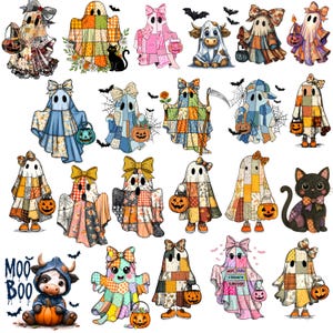Peut inclure: Plusieurs illustrations sur le thème d'Halloween. Les images présentent des fantômes avec des motifs patchwork, des nœuds et des accessoires comme des citrouilles et des sacs. Une vache et un chat noir sont également présents. Des chauves-souris et des toiles d'araignées complètent le thème effrayant.