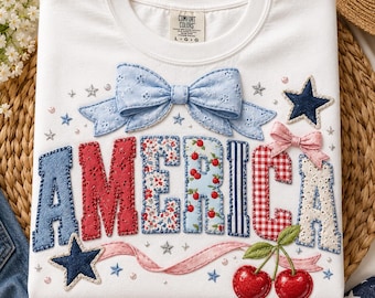 America 4th of July PNG | Patriotic Coquette Tee Design | USA Independence Day Sublimation | Floral Patchwork USA Trendy Png | Preppy Summer