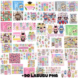 Paquete de más de 80 PNG de Labubu, PNG de personajes de dibujos animados adorables, paquete de imágenes prediseñadas de Labubu, archivos Labubu de estilo cinematográfico, descarga digital por sublimación