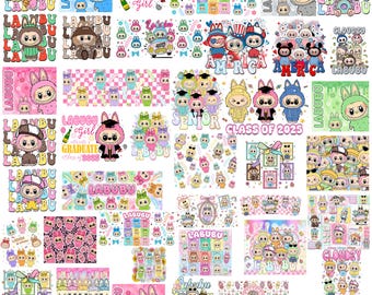 Paquete de más de 90 PNG de Labubu, PNG de personajes de dibujos animados adorables, paquete de imágenes prediseñadas de Labubu, archivos Labubu de estilo cinematográfico, descarga digital por sublimación