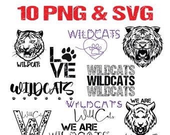 May include: A collection of 10 PNG and SVG files featuring various "Wildcats" designs. The designs include tiger illustrations, paw prints, and text variations such as "Love", "We Are Wildcats", and "Wildcats" in different fonts and styles. The color scheme is primarily black and white with some purple accents.