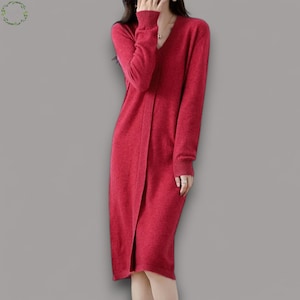Handmade Wool Knit Sweater Dress: V-Neck Long Sleeve