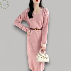 100% Merinowolle Damen Pullover Kleid | Langer V-Ausschnitt Pullover | Vielseitiges Strick Kleid aus Wolle | Beliebte Damen Wintermode