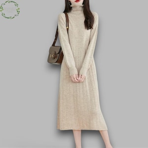 100% Merino Wolle Damen Langes Strickkleid | Stehkragen Fledermaus Ärmel Wollkleid | elegantes Slim Fit Winterkleid | Maxikleid aus reiner Wolle