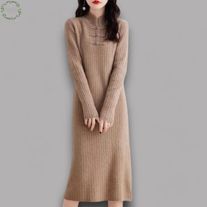 Vintage Wollstrick Kleid für Frauen | Weicher dicker Herbst-Winter-loser Pullover-Kleid | Elegante warme einfarbige Strickmode