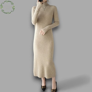 Elegant Long 100% Merino Wool Dress for Women | Fall/Winter Slim Fit Sweater Dress, Gentle Style Wind Look  | Lightweight and Warm Outfit
