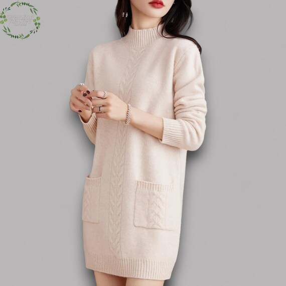 100% Merino Wolle Langarm Mock-Ausschnitt Pullover Kleid Weiches