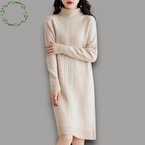 High Neck Merino Wool Sweater Dress | 100% Soft Knitwear Pullover |  Winter Warm Twist Pattern Dress | Stylish Turn-Down Collar Knit Dress