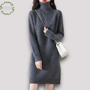 Maglieria in lana merino al 100%, abito in maglia di lana a collo alto da donna / gonna in lana di media lunghezza per autunno e inverno / manica raglan