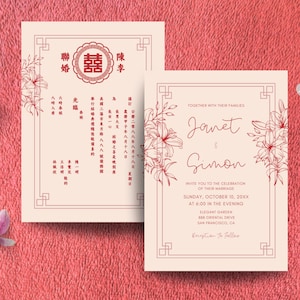 Bloemen Chinese huwelijksuitnodiging sjablonen Double Happiness huwelijksuitnodiging digitale download Canva 5 x 7 bewerkbare kaart roze rood 婚礼喜帖