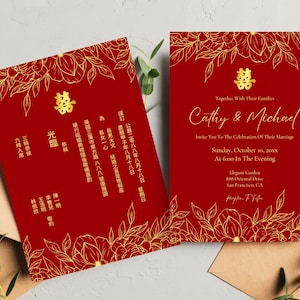 Rote chinesische Hochzeitseinladung Vorlagen Blumen Doppel Glück Hochzeitseinladung Digital Download Canva 5x7 婚礼喜帖