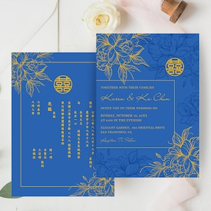 Modello di invito di nozze cinese - Design floreale blu "Doppia felicità", 5x7 modificabile in Canva, biglietto di nozze asiatico stampabile 婚礼喜帖