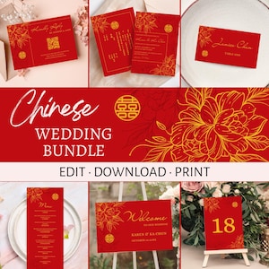 Pacote de convites de casamento chineses - Modelos florais vermelhos de 5x7, editáveis no Canva, papelaria asiática para casamento, download digital