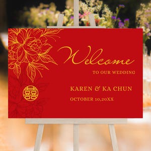 Red Chinese Wedding Welcome Sign Digital Template Floral 30x20 Chinese Tea Ceremony Welcome Wedding Sign Template Printable Double Happiness