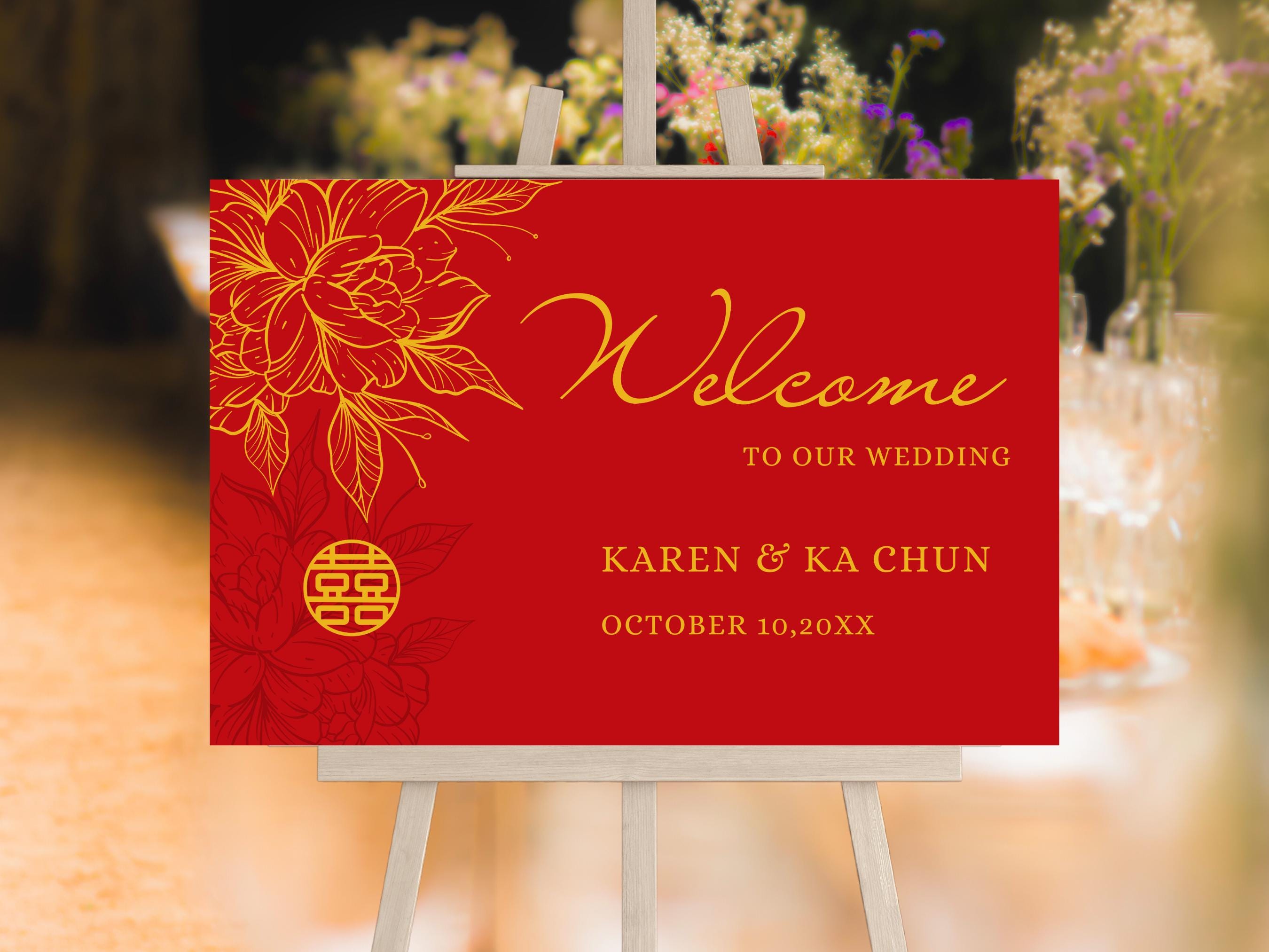 Red Chinese Wedding Welcome Signage Digital Template Floral 30x20