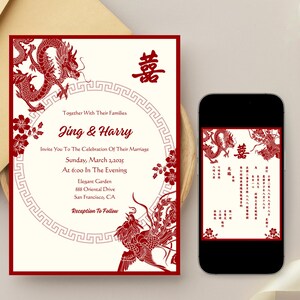 Modèle de faire-part de mariage chinois numérique 5 x 7 chinois traditionnel Dragon Phoenix carte d'invitation de mariage imprimable Double bonheur