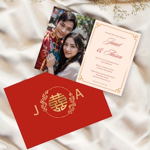 Modern Photo Chinese Wedding Invitation Template 7x5 Inch Double Happiness Wedding Invite Digital Download Canva Name Initials 结婚喜帖