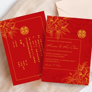 Modern Chinese Wedding Invitation Template Flora Double Happiness Wedding Invitation Digital Download Canva 5x7 Editable Card 婚礼喜帖