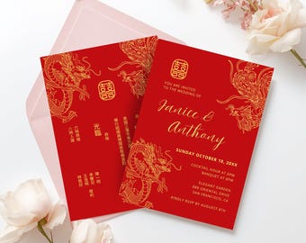 Traditional Chinese Wedding Invitation Template Canva Digital Download 5x7 Chinese Dragon Phoenix Wedding Invite Bilingual Editable 结婚喜帖