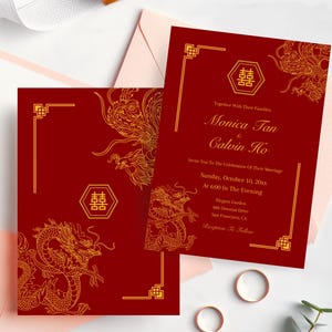 Traditionele Chinese huwelijksuitnodiging sjabloon digitaal canvas 5 x 7 Chinese draak feniks dubbel geluk huwelijksuitnodiging afdrukbare DIY