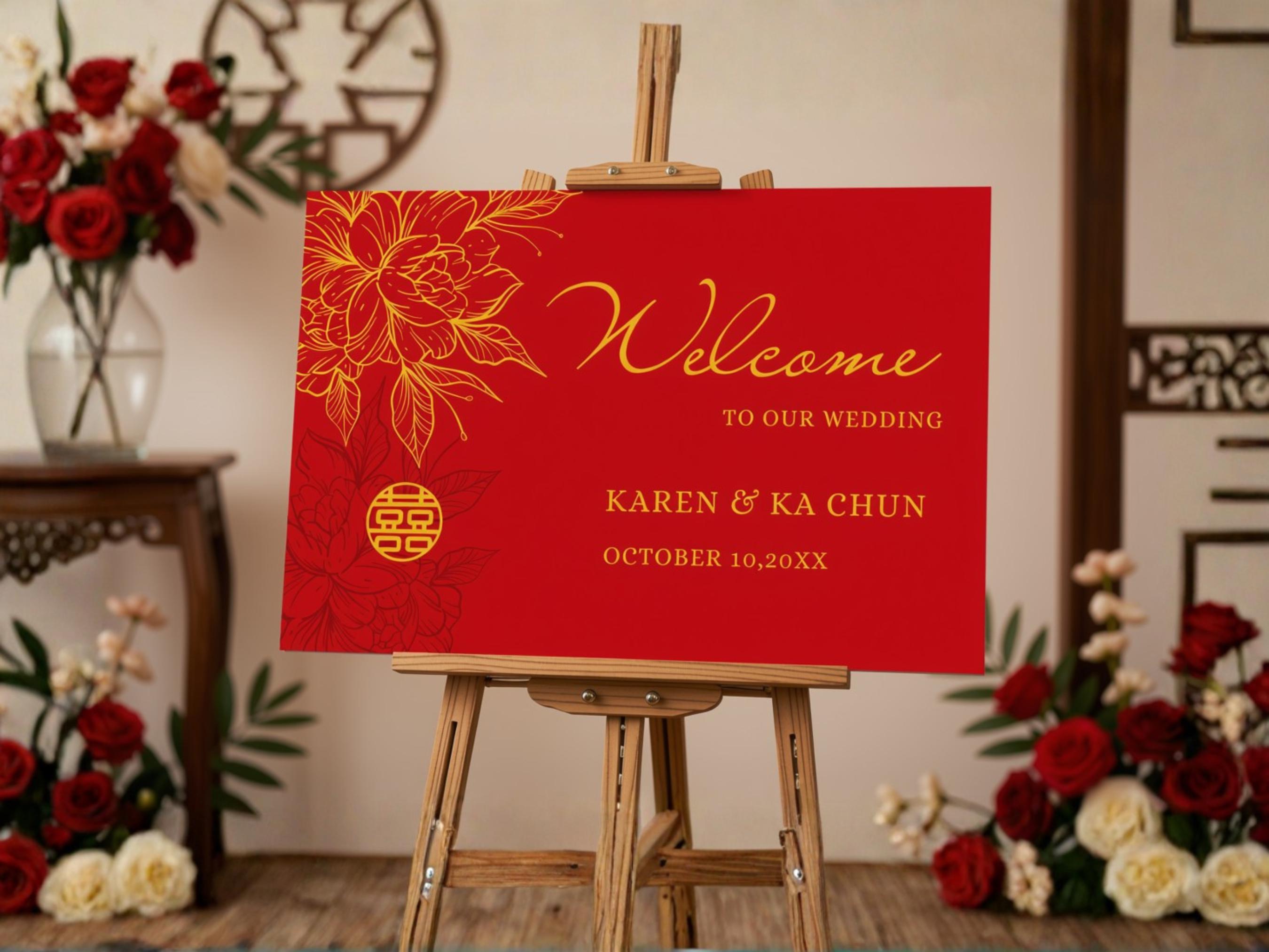 Red Chinese Wedding Welcome Signage Digital Template Floral 30x20