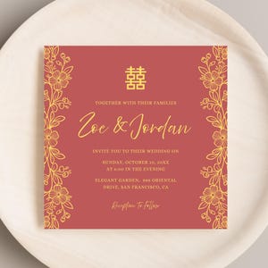 Plantillas de invitación de boda chinas rojas, descarga digital, invitación de boda asiática floral doble felicidad, cuadrada, Canva, 5.5x5.5