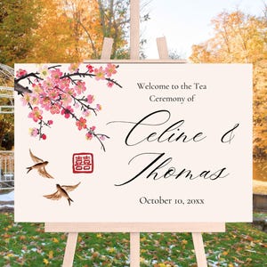 Floral Chinese Wedding Tea Ceremony Welcome Signs Digital Template 30x20 Double Happiness Wedding Welcome Canva Template Printable
