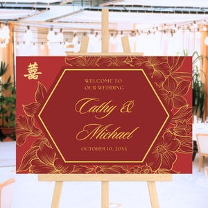 Chinese Wedding Welcome Sign Template Floral 30x20 Red Double Happiness Tea Ceremony Wedding Sign Editable Printable Custom Asian Sign