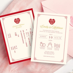Modèle modifiable de faire-part de mariage chinois Canva 5 x 7 élégant rouge personnalisé faire-part de mariage asiatique, téléchargement numérique imprimable