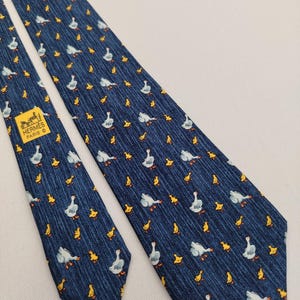 Authentic Hermes Paris Vintage 7595 SA Silk Necktie, Whimsical Duck & Duckling Pattern, Blue Luxury Men&#39;s Tie, Excellent Condition