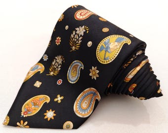 Corbata de seda jacquard auténtica vintage Leonard Paris Design n.° 70826, con estampado floral de cachemira, corbata negra de lujo para hombre.