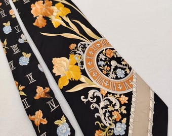 Corbata de seda vintage Leonard Paris, diseño n.° 72933, con números romanos y estampado floral, corbata de lujo italiana.