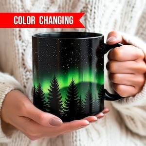 Van kleur veranderende mok noorderlicht, koffiekop Aurora borealis, warmtegevoelige mok, mok nachtelijke hemel, mok Ever Green Tree, magische mok North Sky