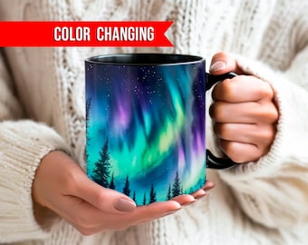 Color Changing Northern Lights Mug, Heat Sensative Cofee Cup, Alaska Night Sky Mug, Yukon Mug, Northern Lights Magic Mug for Nature Lovers