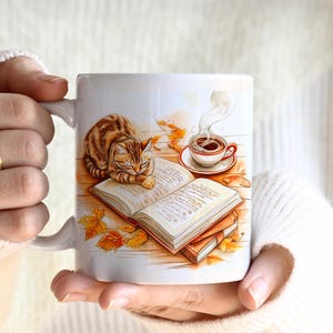Tazza autunnale a forma di gatto per gli amanti dei gatti, tazza Tabi per gatti per l'autunno, regalo a forma di gatto arancione, accogliente tazza da lettura autunnale, regalo per proprietari di gatti, regalo per libri, lettura da topo di biblioteca