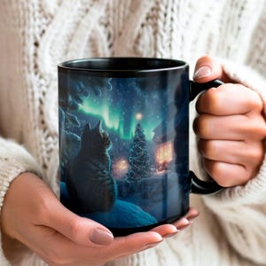 Northern Lights Mug for Cat lovers, Christmas Cat Mugs, Northern Lights Scene, Cat Christmas Coffee Cup, Holiday Cat Mug, Gift For Cat Lover