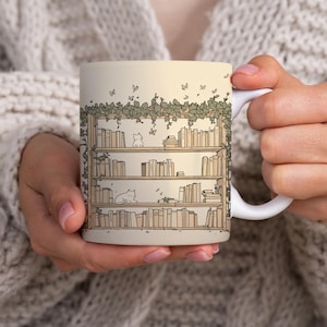Bookshelf with Cats Mug, Cat Book Mug, Cats on Bookshelve Mug, Gift for Cat Lovers, Gift for Book lovers, Mug for Readers, Cat gift, Ceramic