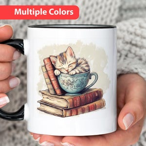 TeaCup Cat Mug, Cute Kitten Mug, Kitten and Books Gift for Tea Drinker, Book and Cat Present for Book lover, Funny Reading mug for Cat Lover