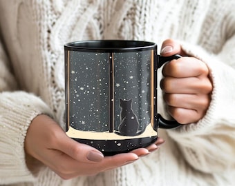 Katzensilhouette Becher, Katzenwache-Schneefallbecher, Winterkatzenbecher, schwarze Katzenkaffeetasse, Keramikkaffeetassen für Katzenliebhaber, Katze durch Fenster Becher