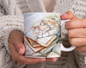 Sleeping Cat and Books Mug, Book and Cat Mug, Cat Lover Gift, Book Lover Gift, Cat Coffee Mug, Bookworm Gift, Reading Mug, Winter Mug, Cute