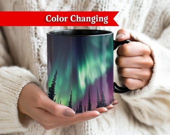 Heat Sensitive - Color Changing Northern Lights Mug, Aurora Borealis Gift for Nature Lover, Iceland Present, Yukon Northern Lights Magic Mug